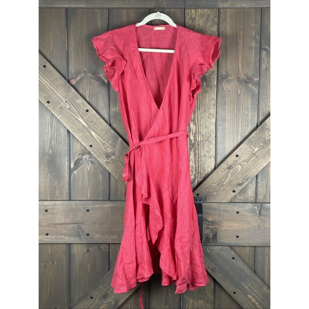 Lisette Resort Wear Dress Elegant Italian-made Linen Ruffled Wrap Front Pink Sm